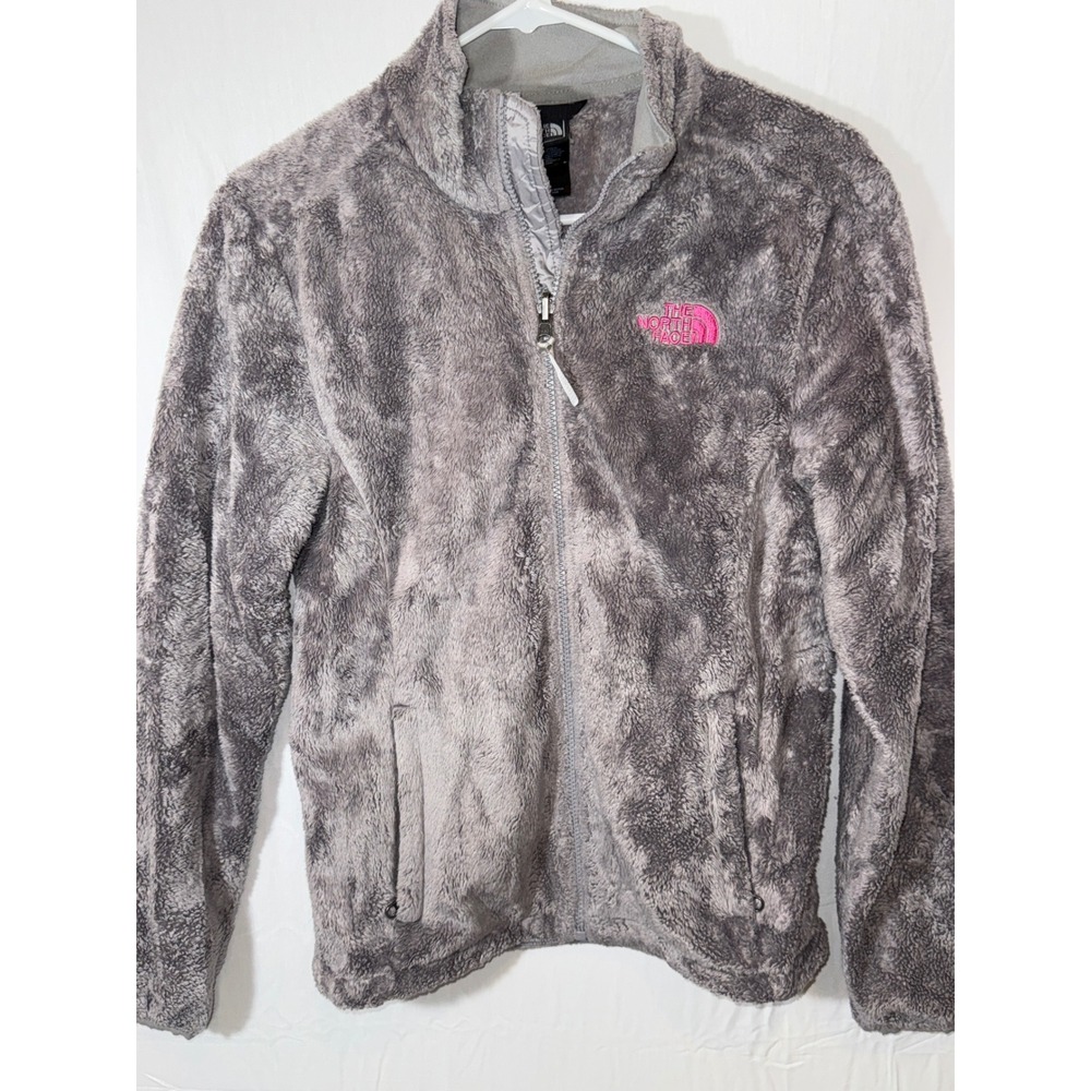 The North‎ Face Gray Fleece Jacket Full Zip Pink Logo Womens Size Small S